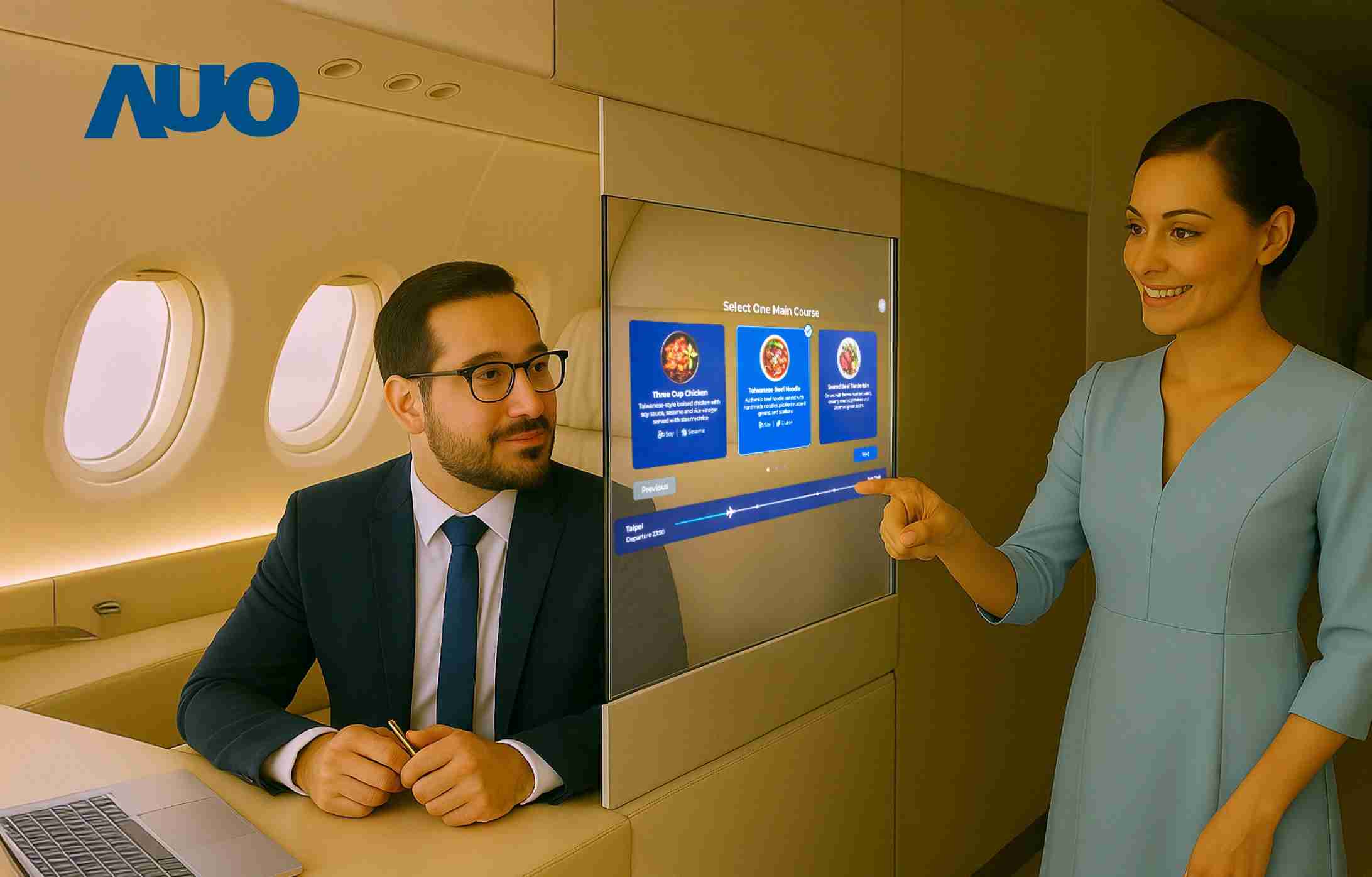 人生就是博研发全球最薄17.3 吋双面透明 Micro LED 显示器，，，，可在同一屏幕之双边投射不同信息，，，，创造独特的”透明化”互动；图为实时翻译交流应用情境